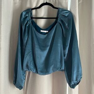 Lush. Size M. Blue satin blouse. Bubble sleeves and waist.